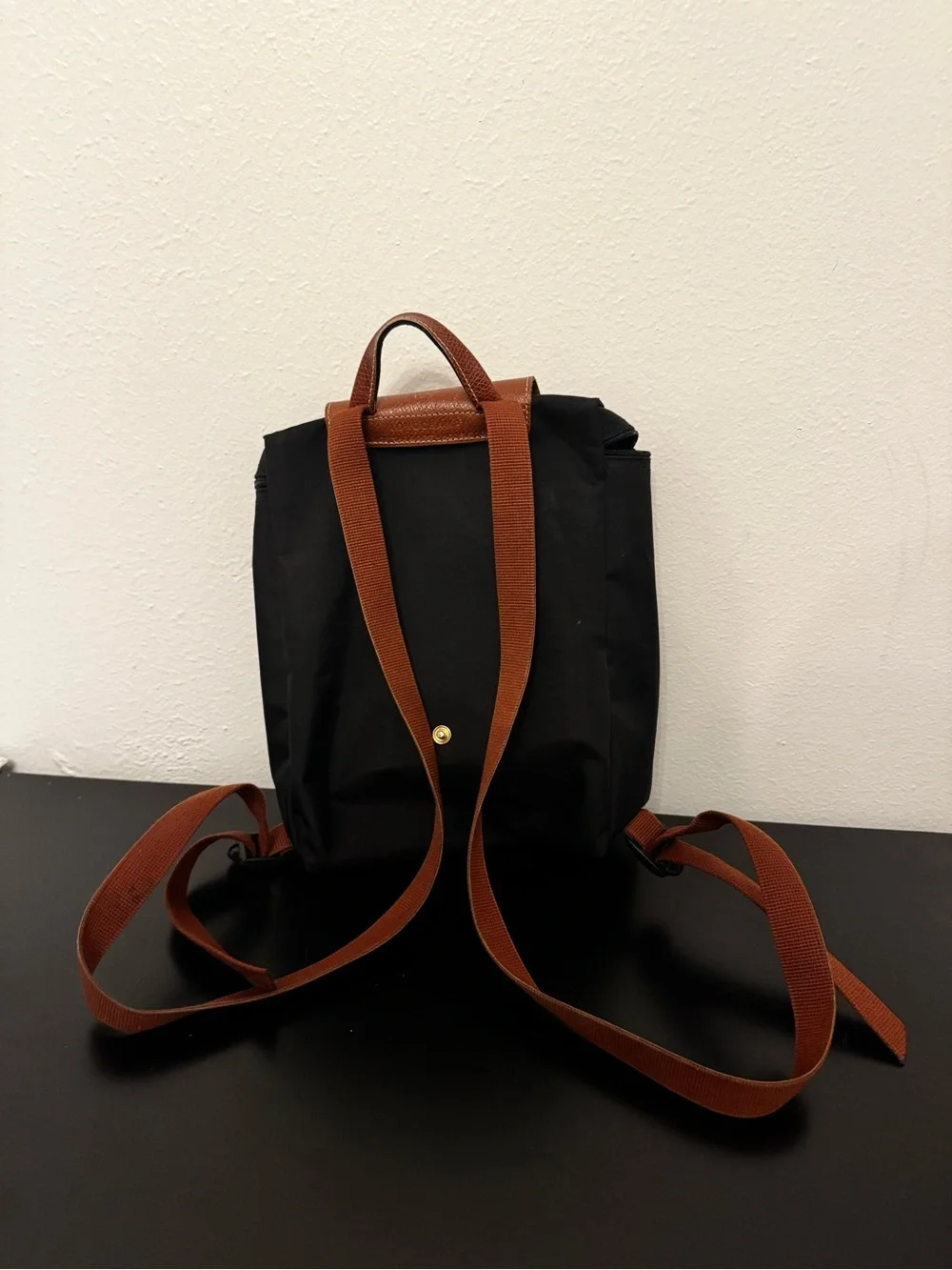 Longchamp Black Backpack with Brown Leather Flap